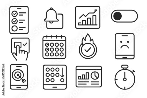 Digital Habit Icons. Line style icons of digital behavior tracking: mobile habit tracker, app reminder bell, screen time graph,