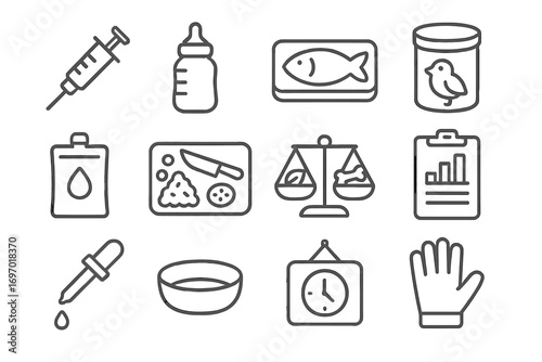 Animal Nutrition Icons. Line style icons of animal nutrition and feeding: feeding syringe, wildlife bottle feeder, fish tray, bird
