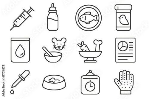 Animal Nutrition Icons. Line style icons of animal nutrition and feeding: feeding syringe, wildlife bottle feeder, fish tray, bird