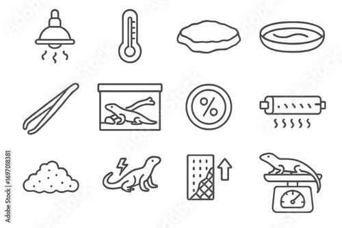 Reptile Rehab Icons. Line style icons of reptile rehabilitation: heat lamp, temperature gauge, basking rock, hydration tray,