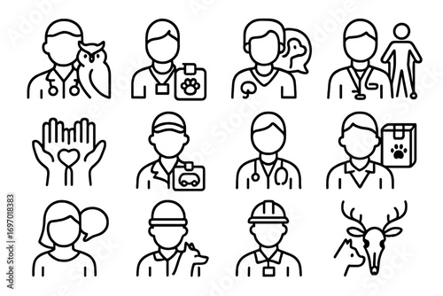 Vet Support Icons. Line style icons of vet team and support roles: wildlife vet icon, animal nurse badge, behavioral specialist,