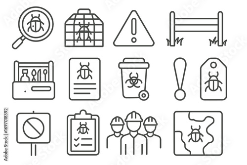 Invasive Species Management Icons. Line style icons of invasive species handling: species ID icon, separation cage, alert triangle