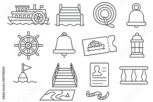Ferry Icons Collection. Line style icons of ferry and riverboat icons: paddle wheel ferry, wooden dock symbol, rope coiled icon,