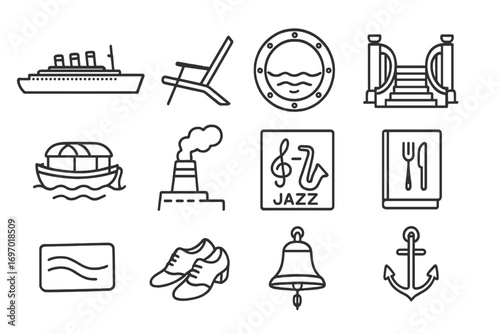 Classic Cruise Icons. Line style icons of classic cruise liners: ocean liner profile, deck chair icon, porthole view, grand