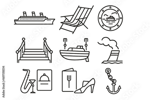 Classic Cruise Icons. Line style icons of classic cruise liners: ocean liner profile, deck chair icon, porthole view, grand