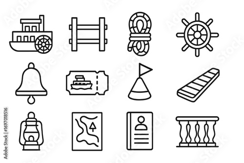 Ferry Icons Collection. Line style icons of ferry and riverboat icons: paddle wheel ferry, wooden dock symbol, rope coiled icon,