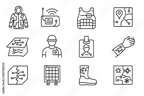 Military Smart Textiles Icons. Line style icons of military smart textiles: adaptive camouflage suit, embedded radio patch,
