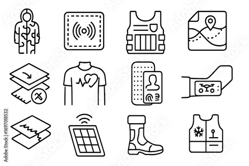 Military Smart Textiles Icons. Line style icons of military smart textiles: adaptive camouflage suit, embedded radio patch,