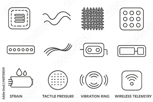 Textile Sensor Icons. Line style icons of textile sensors: strain gauge patch, motion tracking line, respiration sensor weave,