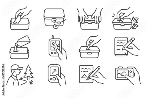 Geocache Icons Set. Line style icons of geocache maintenance scenes: replacing log icon, fixing broken latch, resealing box,