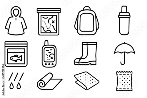 Rainy Day Geocaching Icons. Line style icons of rainy-day geocaching gear: poncho icon, waterproof map case, water-resistant