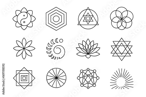Spiritual Geometric Icons. Line style icons of geometric patterns in spirituality: yin yang flower, concentric hexagons,