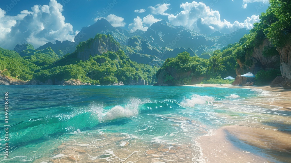 Fototapeta premium Tropical Beach Waves Crashing Against Lush Green Mountain Coastline