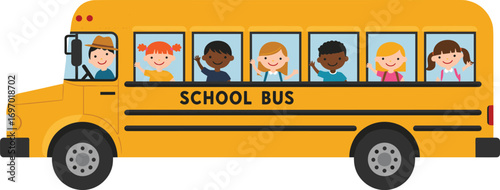 Cartoon, school bus, children, driver, transportation, education, yellow bus, students, happy kids, waving, classroom