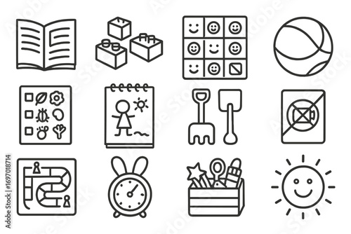 Kids' Digital Detox Tools. Line style icons of kids’ digital detox tools: paper storybook, toy building blocks, analog memory game