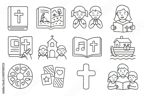 Kids Bible Icons. Line style icons of Bible and children: kids’ Bible icon, illustrated parables, children praying, Bible