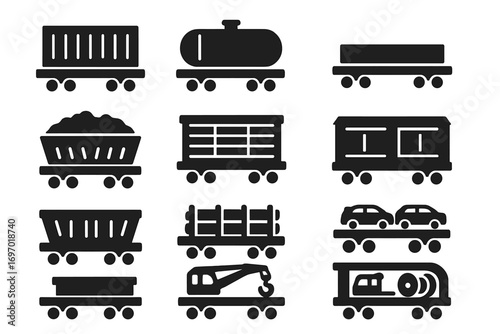 Railway Cargo Icons. Solid style icons of railway cargo: cargo container, tanker wagon, flatbed car, coal wagon, livestock car,