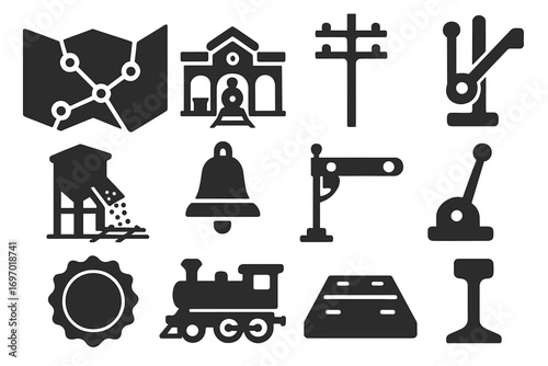 Historical Railway Icons. Solid style icons of historical railways: vintage rail map, steam station, telegraph pole, mechanical