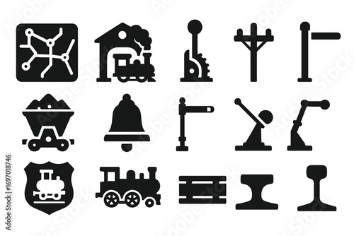 Historical Railway Icons. Solid style icons of historical railways: vintage rail map, steam station, telegraph pole, mechanical