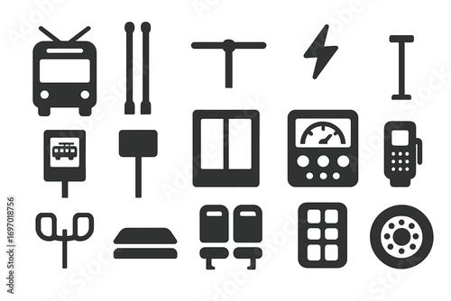 Solid Trolleybus Icons. Solid style icons of trolleybuses: trolleybus front, twin poles, trolley wire, electric arc, trolley stop