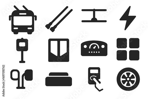 Solid Trolleybus Icons. Solid style icons of trolleybuses: trolleybus front, twin poles, trolley wire, electric arc, trolley stop