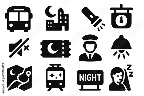 Night Transport Icons. Solid style icons of night transport: night bus, moon over city route, flashlight icon, reduced schedule