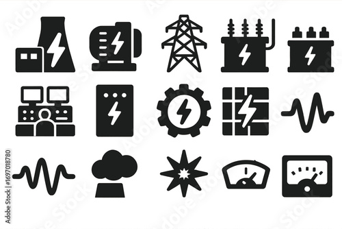 Electricity Generation Icons. Solid style icons of electricity generation: power plant, generator turbine, transmission tower,