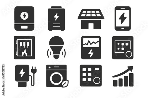 Home Energy Icons. Solid style icons of home energy systems: solar inverter, home battery, rooftop panel, energy app screen,