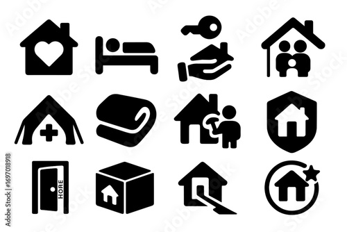 Shelter Charity Icons. Solid style icons of shelter and housing charity: home with heart, shelter bed icon, house key donation,
