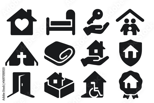 Shelter Charity Icons. Solid style icons of shelter and housing charity: home with heart, shelter bed icon, house key donation,