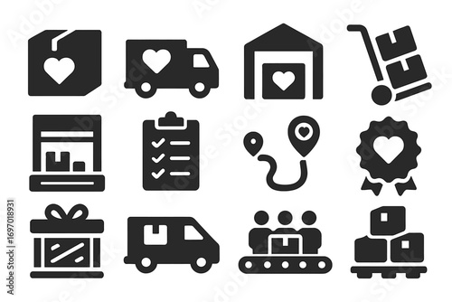 Charity Logistics Icons. Solid style icons of charity logistics: moving box with heart, aid truck icon, warehouse with donation