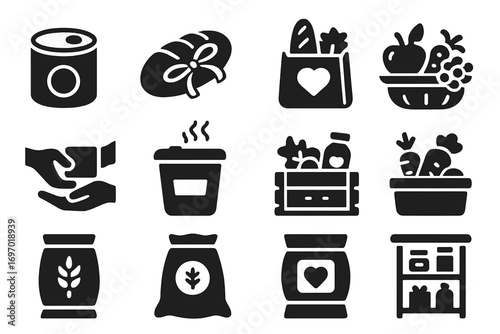 Food Donation Icons. Solid style icons of food donations: canned goods icon, loaf of bread with ribbon, bag of groceries with