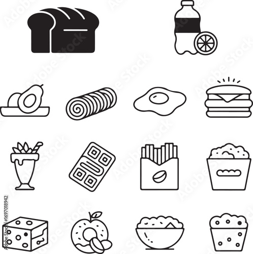 Black and white line art icons of various food and drink items vector