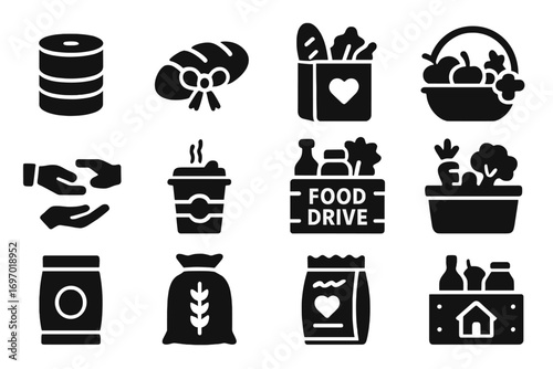 Food Donation Icons. Solid style icons of food donations: canned goods icon, loaf of bread with ribbon, bag of groceries with