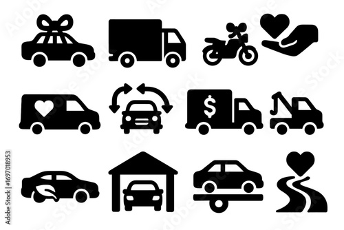 Vehicle Donation Icons. Solid style icons of vehicle donations: car with bow icon, truck with donation label, motorcycle gift