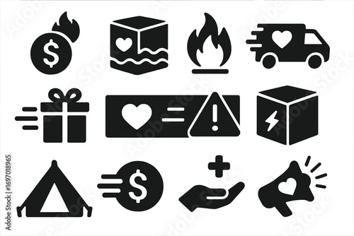 Emergency Donation Icons. Solid style icons of emergency donations: crisis fund symbol, flood relief box, fire emergency icon,