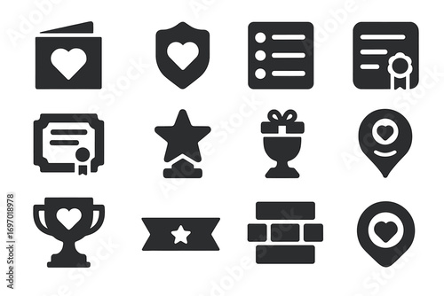 Donor Recognition Icons. Solid style icons of donor recognition: thank you card, gold heart badge, donor list icon, certificate