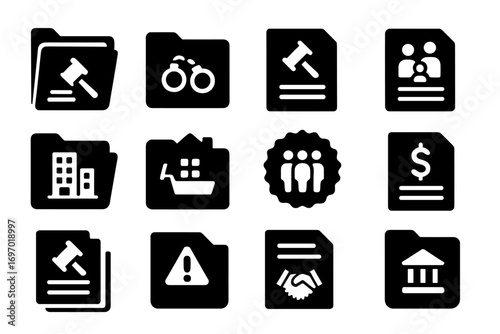 Legal Case Icons. Solid style icons of legal cases: open case file, criminal law folder, civil case icon, family law document,