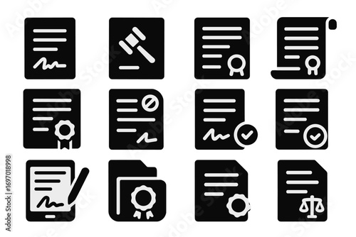 Legal Document Icons. Solid style icons of legal documents: contract with signature, legal agreement file, stamped paper icon, law