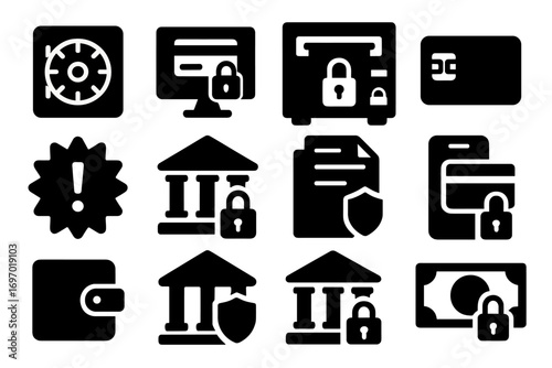 Bank Security Icons. Solid style icons of bank and financial security: vault door icon, secure transaction screen, ATM with lock,