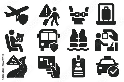 Travel Safety Icons. Solid style icons of travel and transportation safety: airplane with shield, travel alert icon, seatbelt on