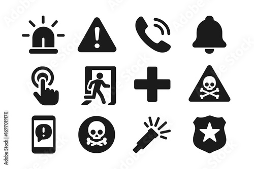 Emergency Response Icons. Solid style icons of general emergency response: siren light icon, warning triangle, emergency phone