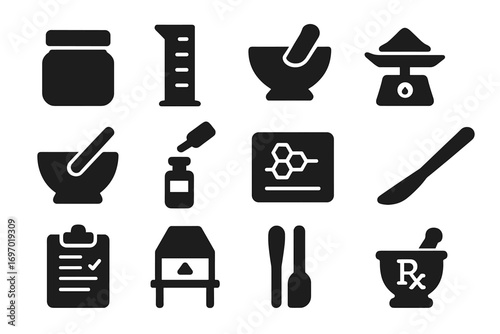 Pharmacy Icon Set. Solid style icons of compounding pharmacy: compounding jar, measuring cylinder, mortar and pestle symbol, scale