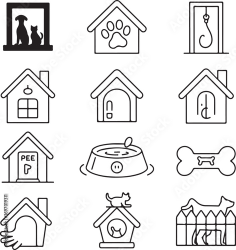 Dog and cat house icons bone water bowl fence and hook home kennel