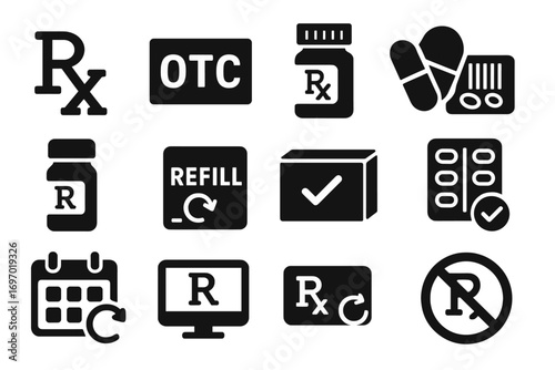 Pharmaceutical Icons Collection. Solid style icons of prescription and over-the-counter meds: Rx symbol icon, OTC label on box,