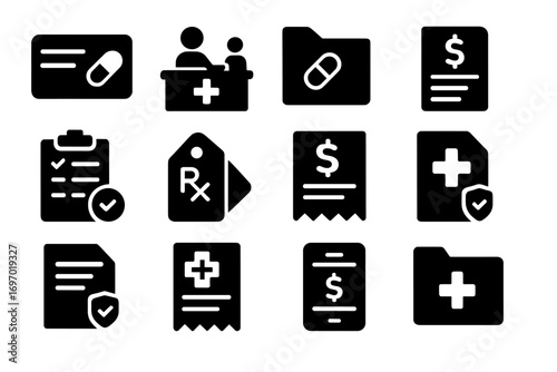 Pharmacy Billing Icons. Solid style icons of pharmacy billing and insurance: insurance card with pill icon, payment at pharmacy