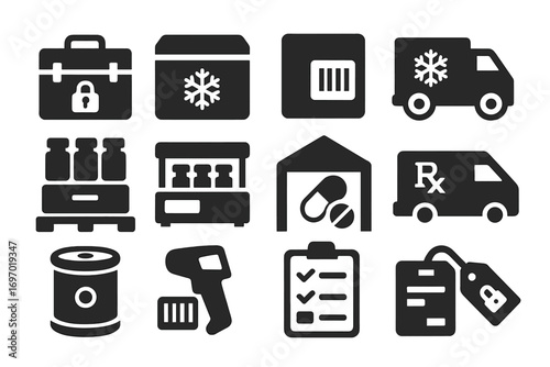 Medical Logistics Icons. Solid style icons of drug transportation and storage logistics: secure med box, temperature-controlled
