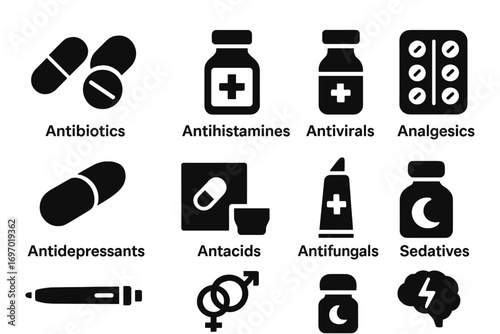 Therapeutic Drug Icons. Solid style icons of therapeutic drug categories: antibiotics icon, antihistamines bottle, antivirals vial