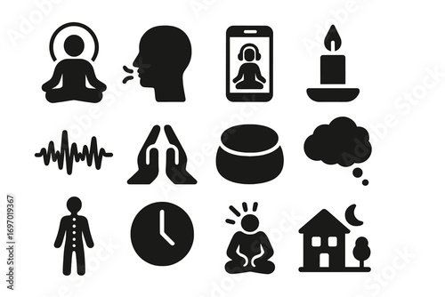 Mindfulness Therapy Icons. Solid style icons of mindfulness and meditation therapy: sitting figure with halo, deep breath icon,