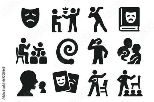 Expressive Therapy Icons. Solid style icons of expressive and drama therapy: mask with emotion icon, role play scene, theatrical